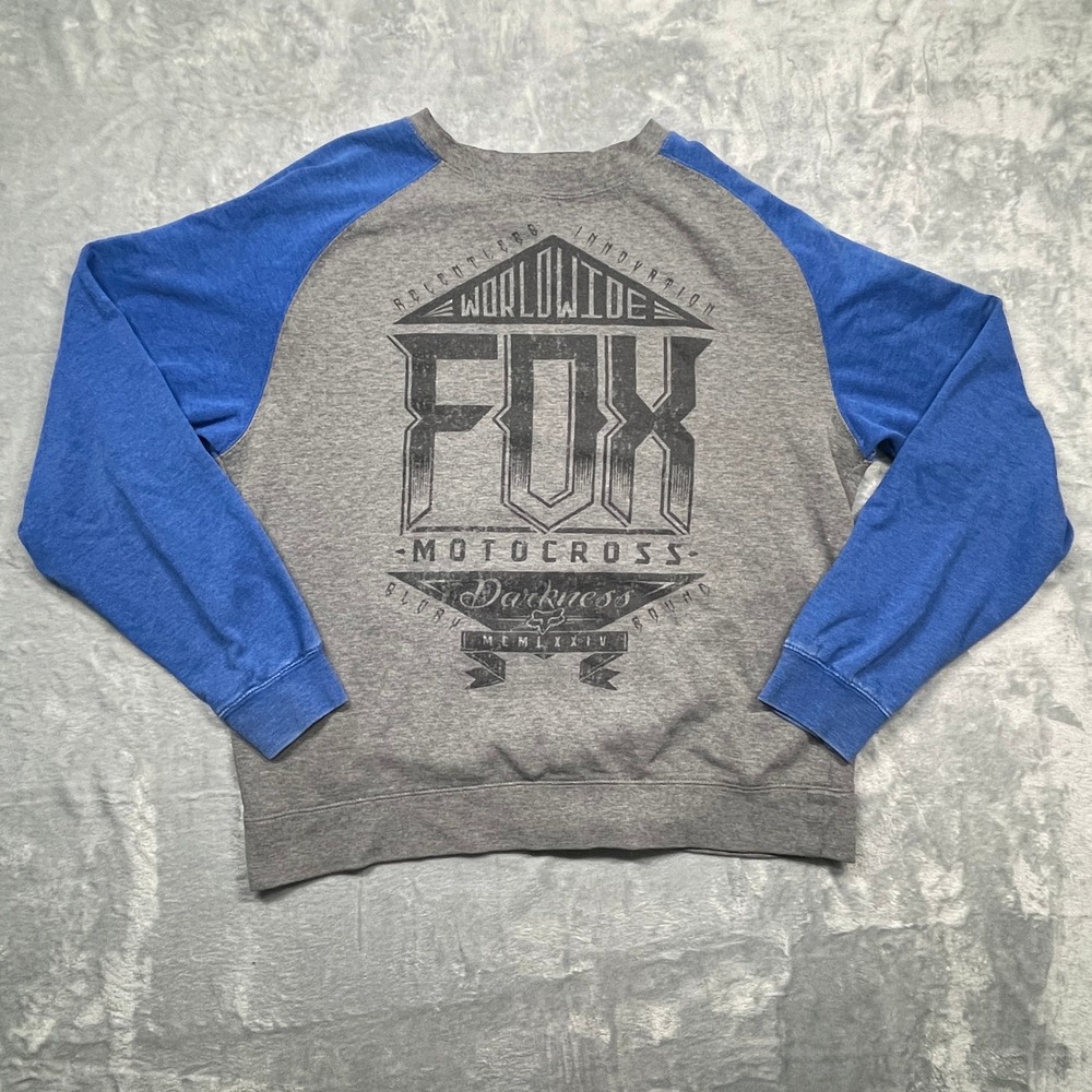 Fox Racing Sweatshirt Mens Large Grey Blue Raglan Motocross Graphic Crewneck